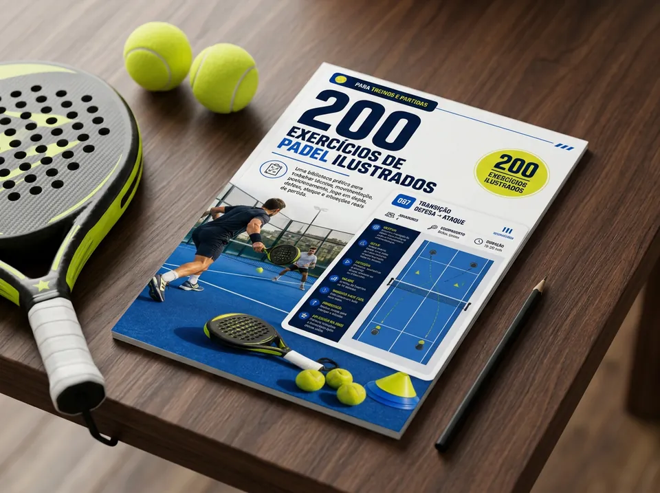 Material impresso com 200 exercícios de padel sobre uma mesa